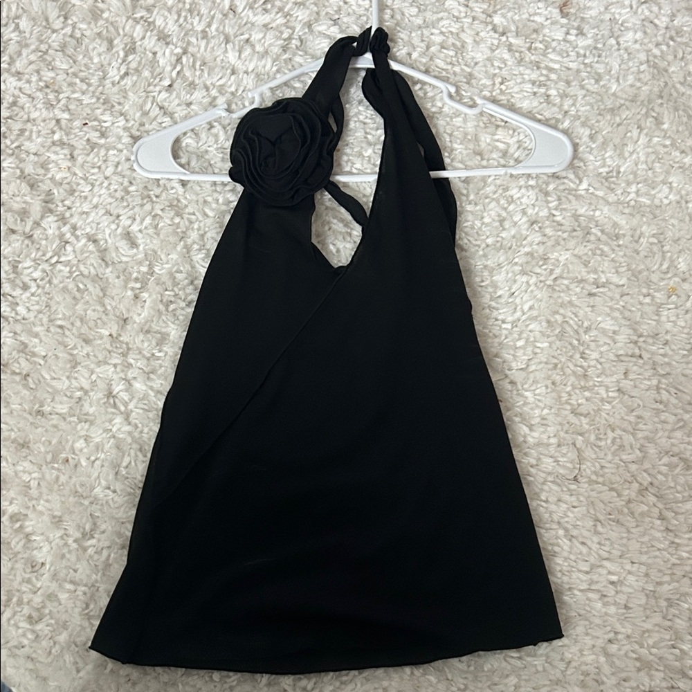 Black Halter Flower Accent top